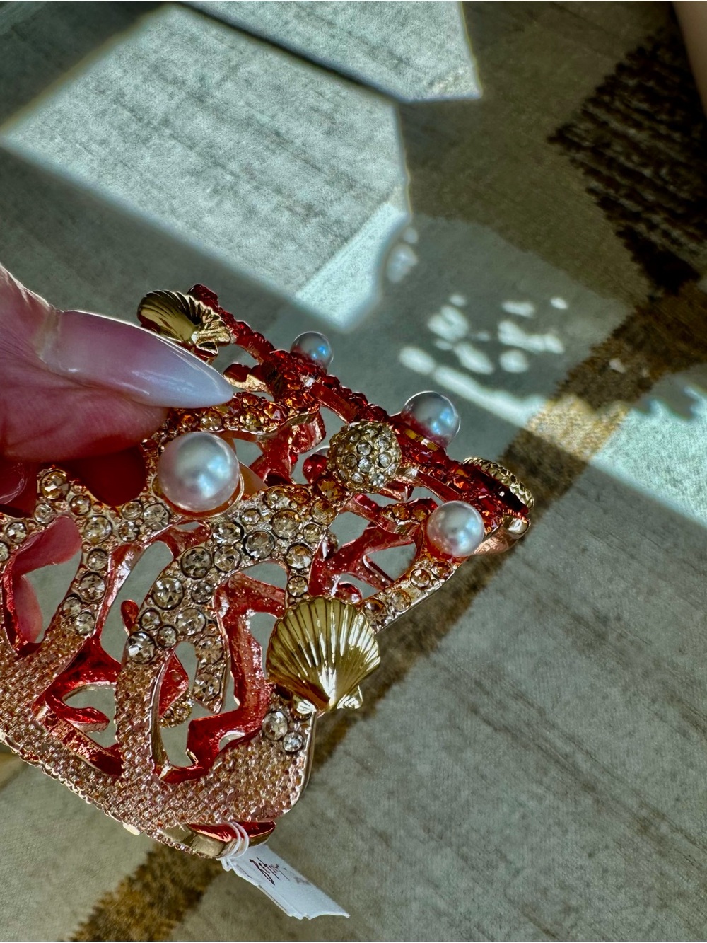 Betsey Johnson Red Crystal Coral Cuff with Faux Pearls & Gold Shells - Picture 3 of 6